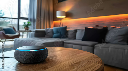 Round Voice Activated Assistant In A Cozy Living Room