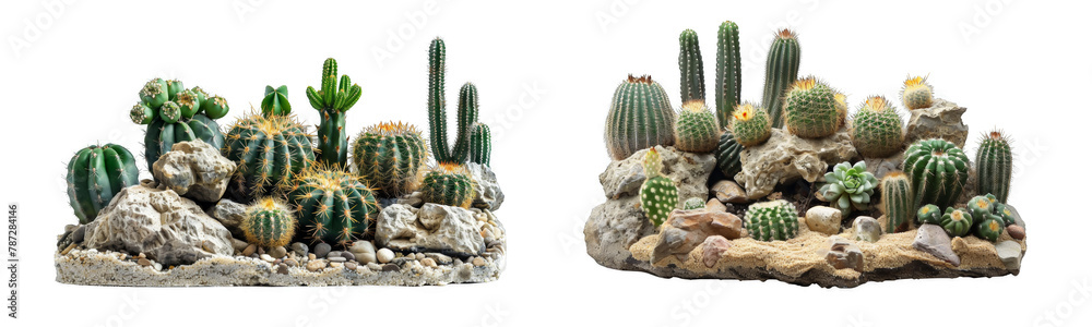 Varied cactus species in a desert setup with different shapes and sizes on sandy base isolated on a transparent background Varied cactus species in a desert setup with different shapes and sizes on sandy base isolated on a transparent background