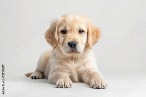 A golden retriever puppy lying and looking directly at the camera, against a white background.