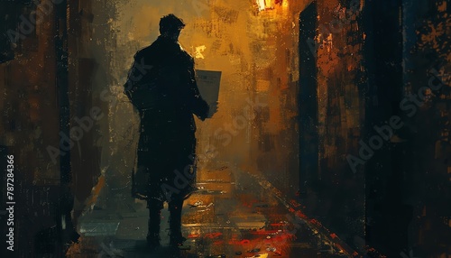 In a moody, oil painting style, depict a mysterious figure in dark alley shadows, holding a classified file photo