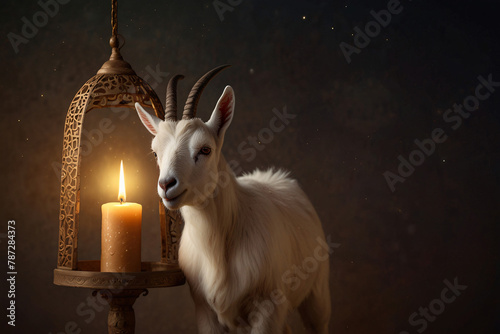 Eid al adha background with pictures of goat with islamic lantern Eid al adha greeting, goat, Eid, Eid ul adha, background, eid background. ai generated photo