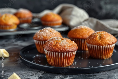 Freshly Baked Banana Muffins on Black Plate. Delicious and Sweet Dessert or Breakfast Choice from the Local Bakery. 