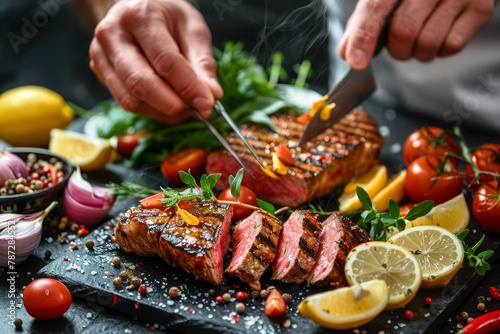 Chef preparing grilled steak in creamy lemon butter or cajun spicy sauce with herbs and garnish photo