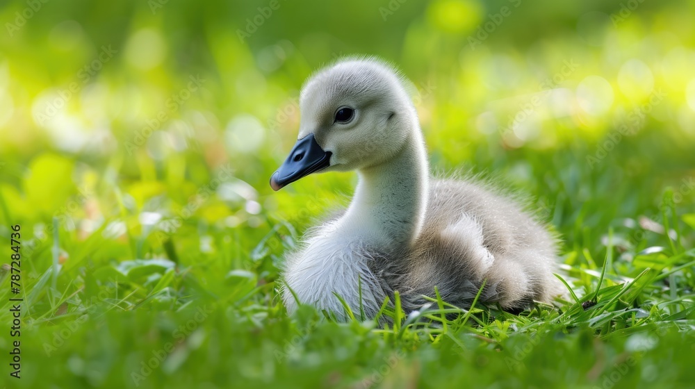 Graceful Baby Swan Cygnet Standing on Green Grass - Closeup View of Young Waterbird in Nature's Habitat