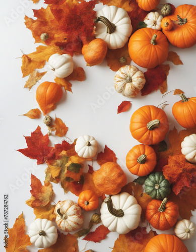 Colorful Fall Decorative Border With Leaves and Pumpkins on White Background, Thanks GIving / Halloween / Autumn Design