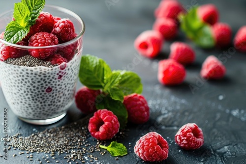 Superfood Chia Pudding with Fresh Raspberries and Natural Vanilla - A Delicious, Dairy-free Alimentary Porridge for a Healthy Eating and Lifestyle with a Pop of Red and Fresh Mint photo