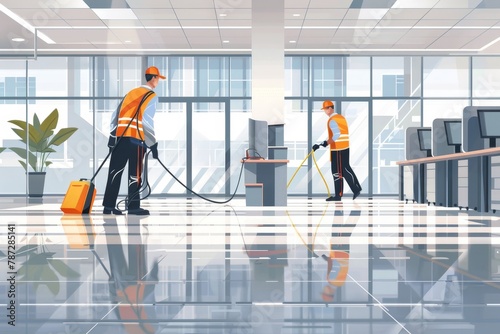 Professional commercial cleaning service disinfecting and cleaning office premises photo