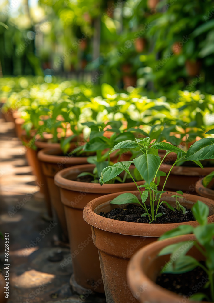 clay pots with young sweet basil plants outside, food growing