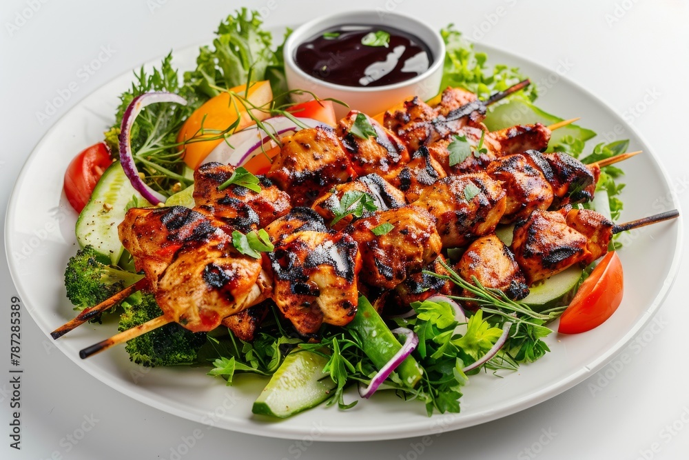 Delicious grilled chicken skewers with colorful vegetables on a clean white table