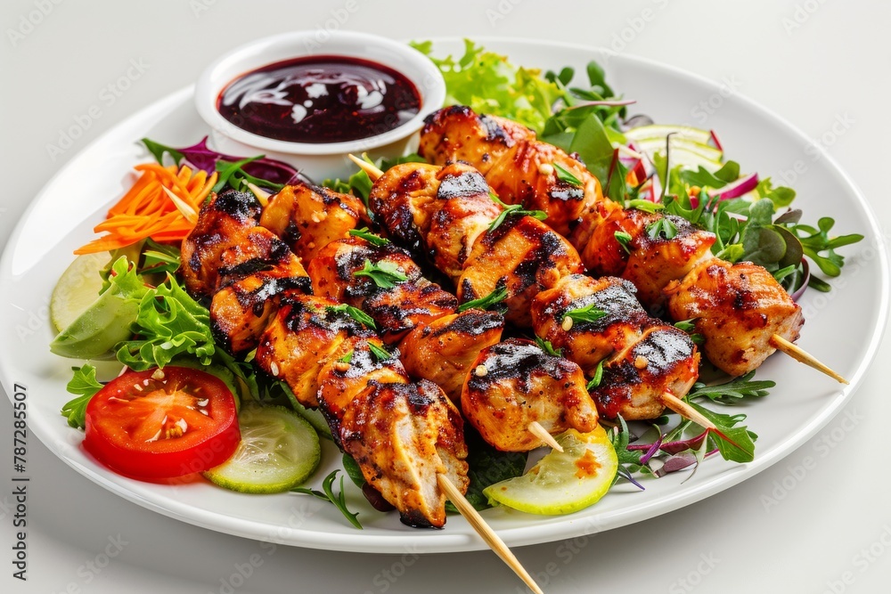 Delicious grilled chicken skewers with colorful vegetables on a clean white table