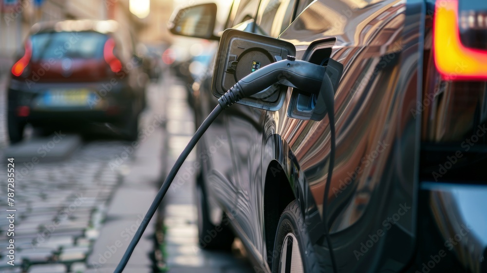 Electric car charging on the street. Selective focus Electric car charging on the street. Selective focus