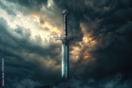 Viking Sword - A Mysterious Symbol of Nordic History and Military Conflict amidst a Stormy Sky