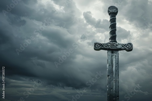Unleashing the Nordic Fury: A Dramatic Viking Sword Amidst Stormy Skies