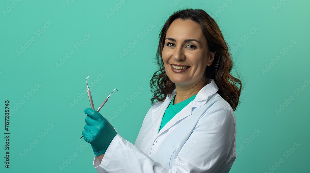 Middle age dentist Brazilian woman holding tools over isolated background pointing to the side to present a product : Generative AI Middle age dentist Brazilian woman holding tools over isolated background pointing to the side to present a product : Generative AI