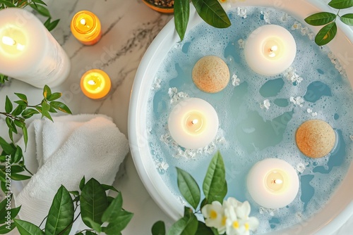 Tranquil Spa Experience: Candles, Bath Salts, and Fresh Greenery in a Relaxing Bath Setup