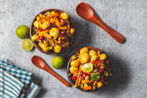 Selective focus of delicious Makhana chaat, made of roasted lotus seeds. 