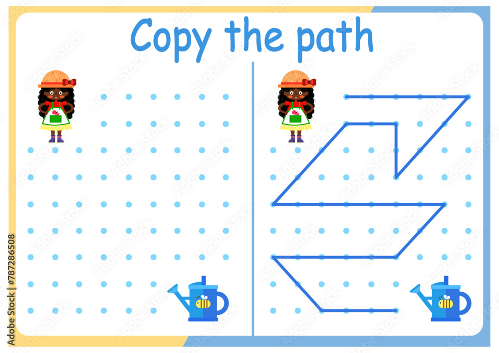 Naklejka premium Gardening and gardening activities for children. Copy the path. Logic games for children. Vector illustration. The book is square format. gardener and watering can