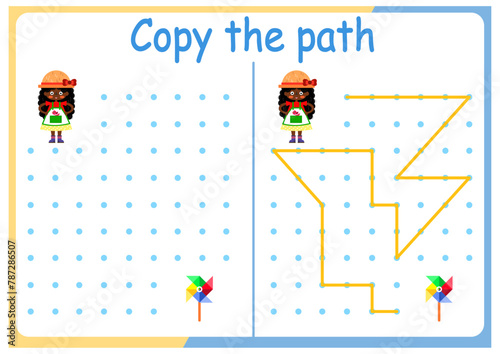 Gardening and gardening activities for children. Copy the path. Logic games for children. Vector illustration. The book is square format. gardener and the wind