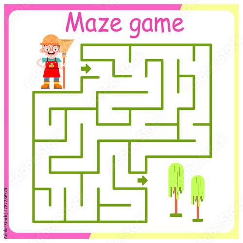Children's logic game on passing the labyrinth. Educational game for children. Attention task. Choose the right path. Funny cartoon character. gardener and tree