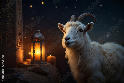 Eid al adha background with pictures of goat with islamic lantern Eid al adha greeting, goat, Eid, Eid ul adha, background, eid background. ai generated photo