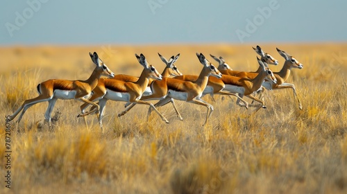 A herd of gazelles leaping gracefully across the open savanna.