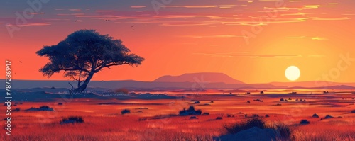 Minimalist savanna landscape at sunset, showcasing the vast expanse of the African plains.