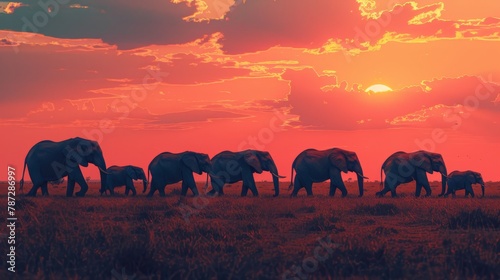 Elephants roaming freely in the minimalist savanna landscape. photo