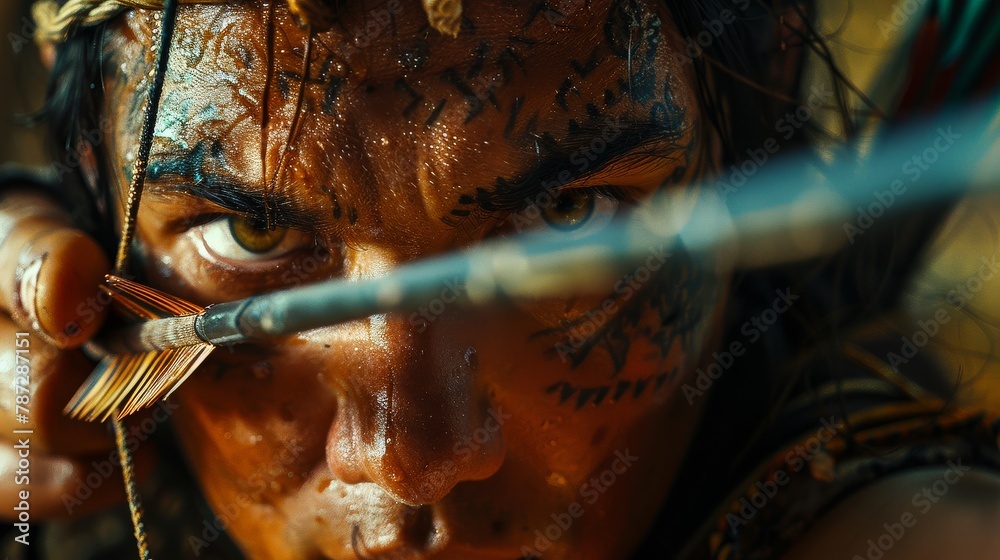 A close up of a tribal man with face paint and tattoos drawing an arrow.