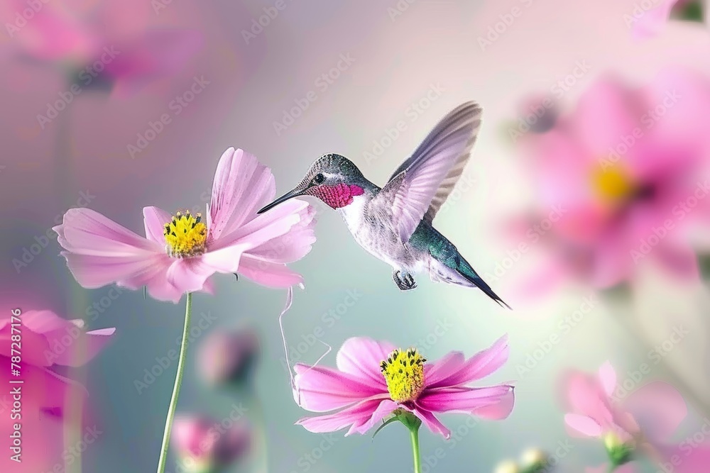 Fototapeta premium Vivid hummingbirds flying, aiming for colorful flower nectar, a stunning display of nature s beauty
