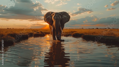 A majestic African elephant drinking from a watering hole in the minimalist savanna.