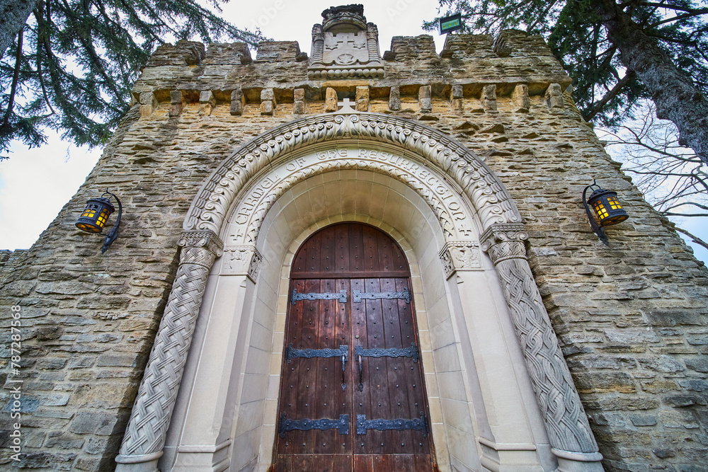 Historic Medieval Church Entrance with Carved Inscription and Crest Historic Medieval Church Entrance with Carved Inscription and Crest