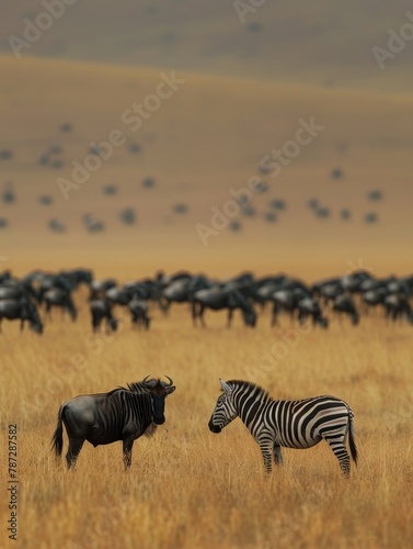 The symbiotic relationship between zebras and wildebeest on the savanna.