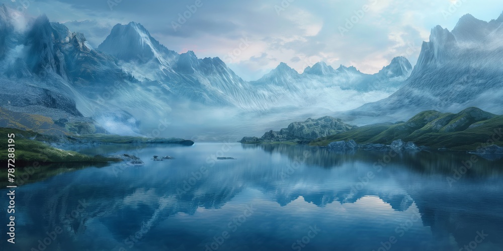 A tranquil lake surrounded by surreal and majestic mountain Ranges, under a clear blue sky