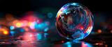 This image showcases a brightly illuminated globe with neon lights reflecting off its surface amidst a dark, bokeh background