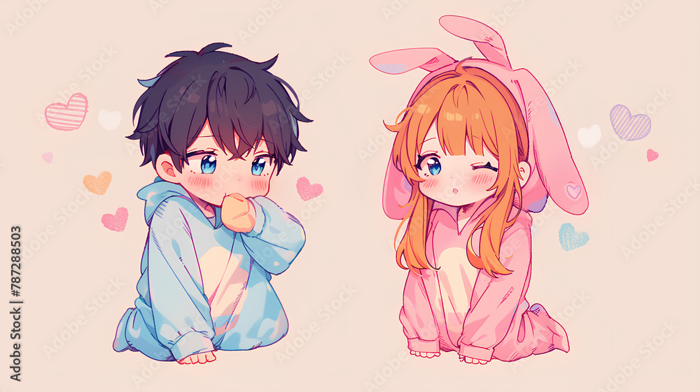 chibi anime style couple dating. cute anime. simple color background chibi anime style couple dating. cute anime. simple color background