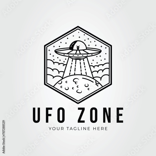 Flying UFO on the space zone line art logo vector illustration design © rizka arishandy