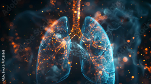 The visually captivating digital artwork features human lungs in a cosmic background with golden particles #787288563