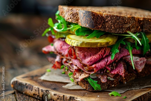 Delicious pastrami sandwich with fresh salad, pickle on wholegrain bread on wooden board photo