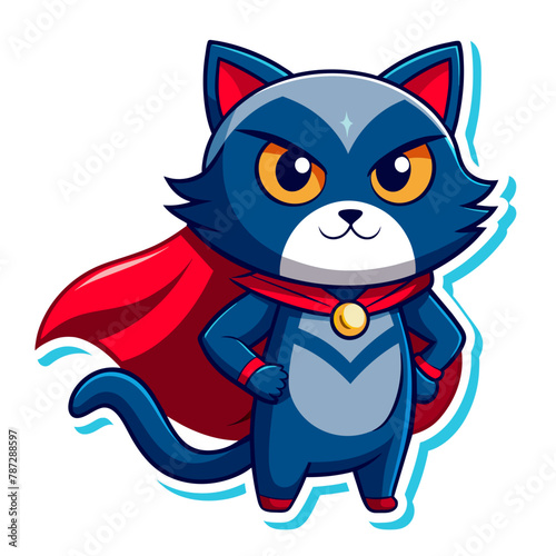 Cat dressed as a superhero  with a cape billowing in the wind and a determined expression on its face