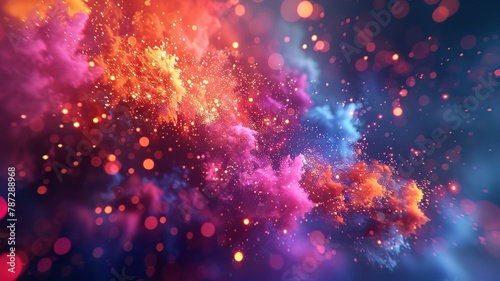 Abstract image capturing the movement and clustering of vividly colored particles, depicting an energetic and interactive system