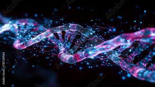 Hyperdetailed macro shot of twisting DNA strands, highlighted with fluorescent markers on a pure black backdrop, scientific theme