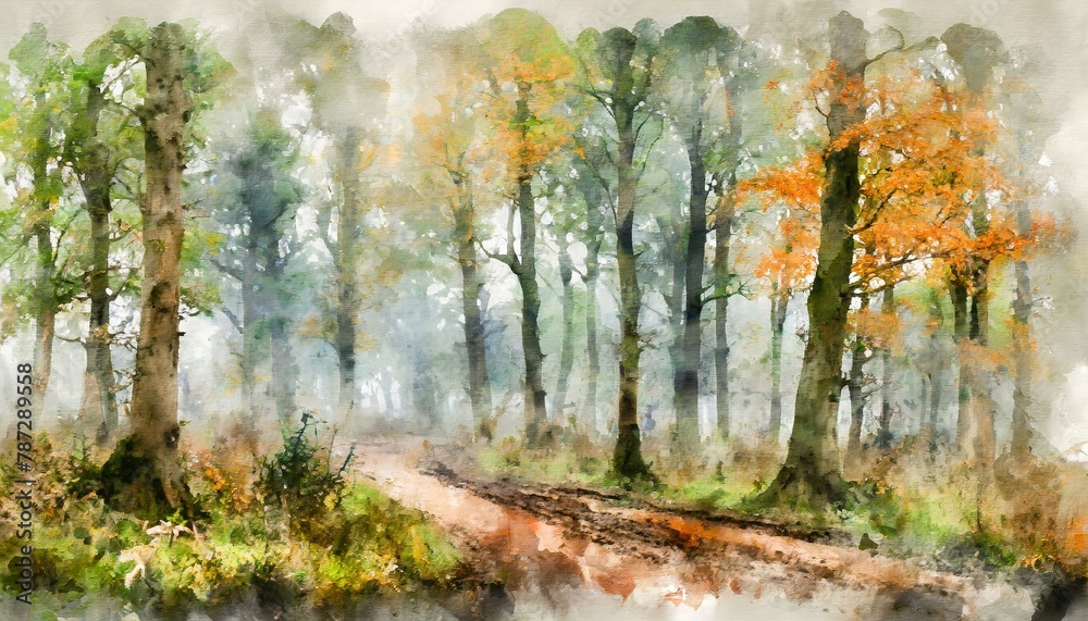 Digital watercolor painting of Panorama landscape image of Wendover Woods on foggy Autumn Morning