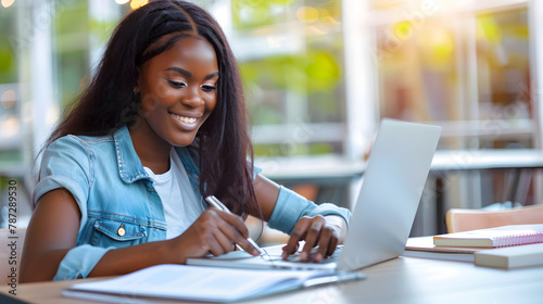 Business And Education Concept Smiling young black woman sitting at desk working on laptop writing letter in paper notebook free copy space Happy millennial female studying using pc : Generative AI