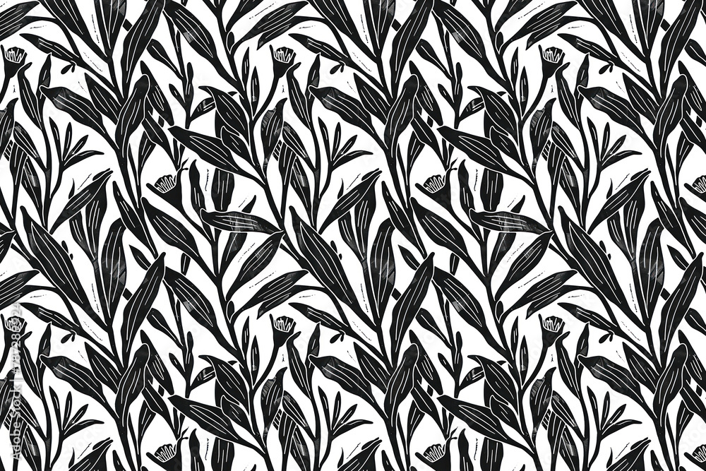 Fototapeta premium Toile pattern tapestry. Linocut print. Monochrome botanical pattern background. Created with Generative AI technology.