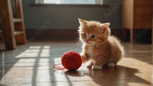 Happy sleepy tabby fluffy Persian cat plays with beautiful balls, skeins of thread. The kitten looks at the camera. photo