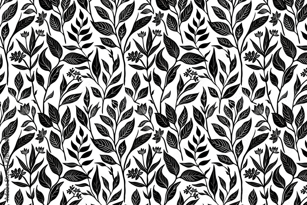 Toile pattern tapestry. Linocut print. Monochrome botanical pattern background. Created with Generative AI technology.