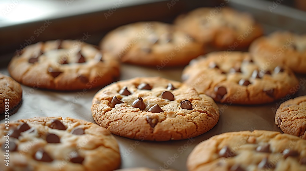 Step into a world of sweetness and light with a close-up view of a tray of freshly baked cookies, their warm, buttery aroma wafting through the air, 