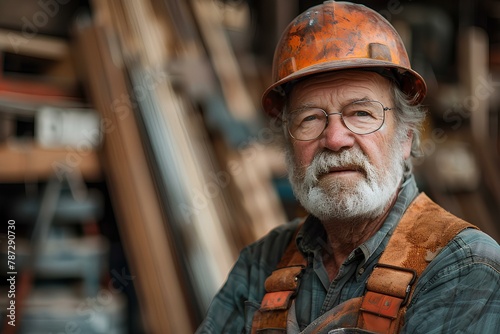 A man with a beard wearing a hard hat and glasses in a construction area with other equipment in the