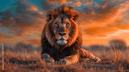 The image of a lion against a backdrop of a fiery sundown sky, exudes the essence of the wild and the natural drama of life on the African plains