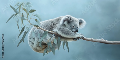 Serene and adorable koala taking a nap on a eucalyptus branch, captured in a tranquil forest setting